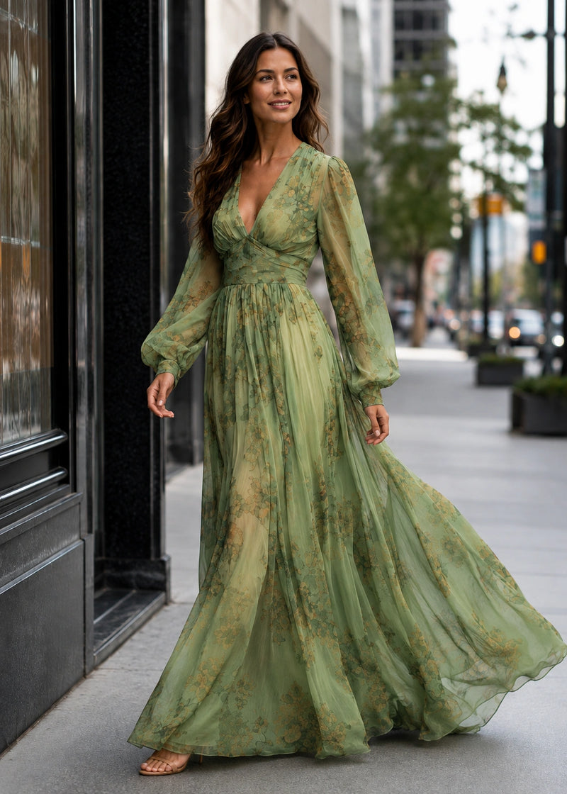 SALAZIA Floral V-Neck Sheer Sleeve Maxi Dresses