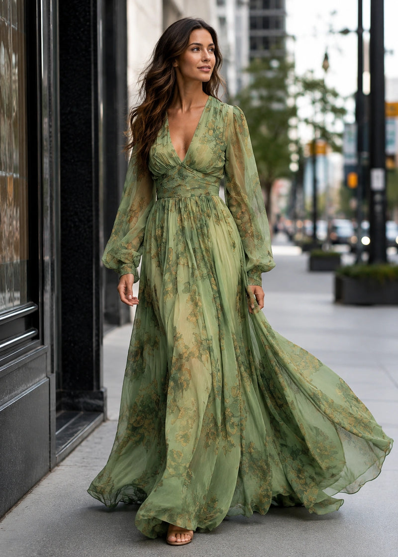 SALAZIA Floral V-Neck Sheer Sleeve Maxi Dresses