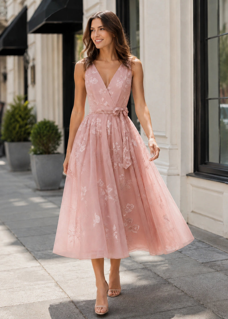 SALAZIA Floral V-Neck Tie-Waist Midi Dresses