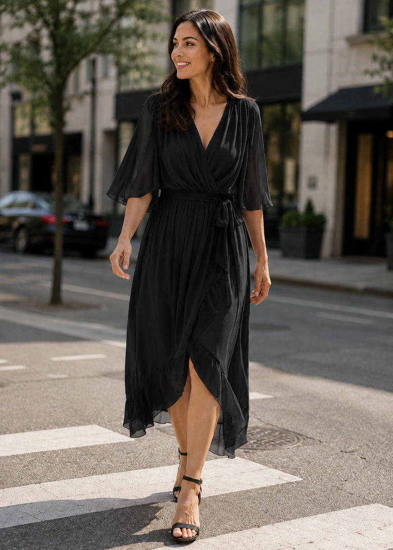 SALAZIA Flowy V-Neck Tie-Waist Midi Dresses
