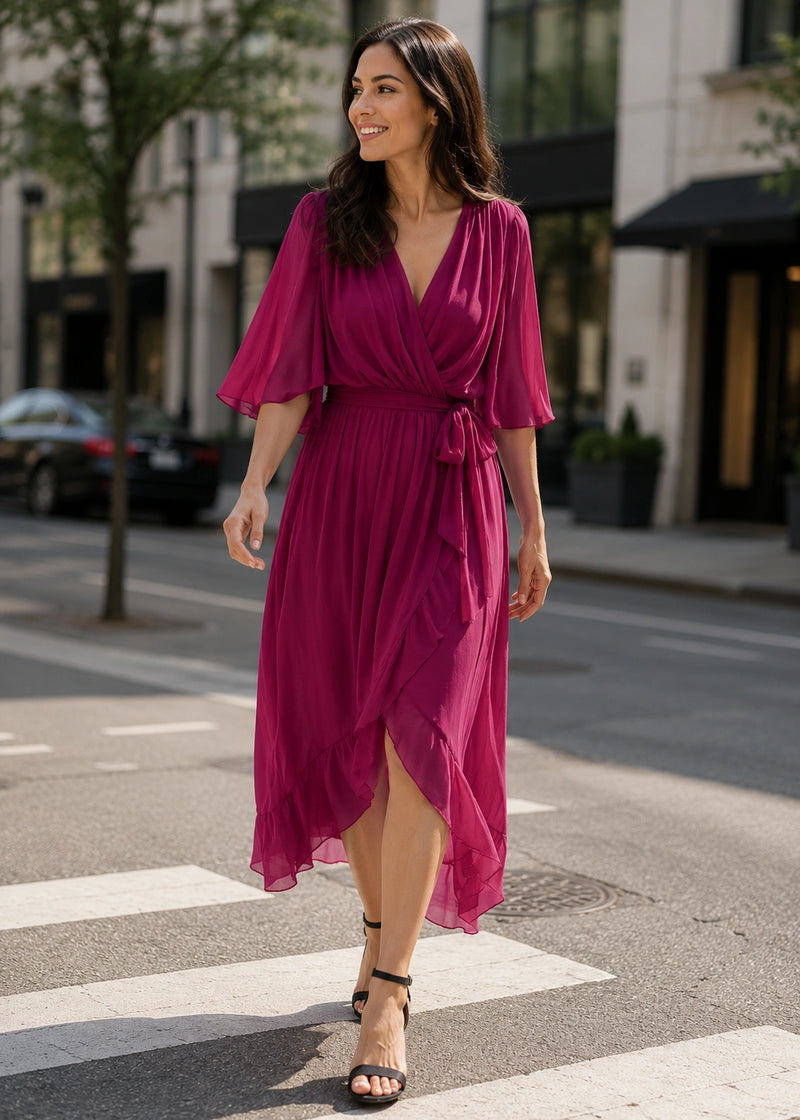 SALAZIA Flowy V-Neck Tie-Waist Midi Dresses