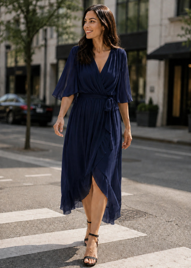 SALAZIA Flowy V-Neck Tie-Waist Midi Dresses