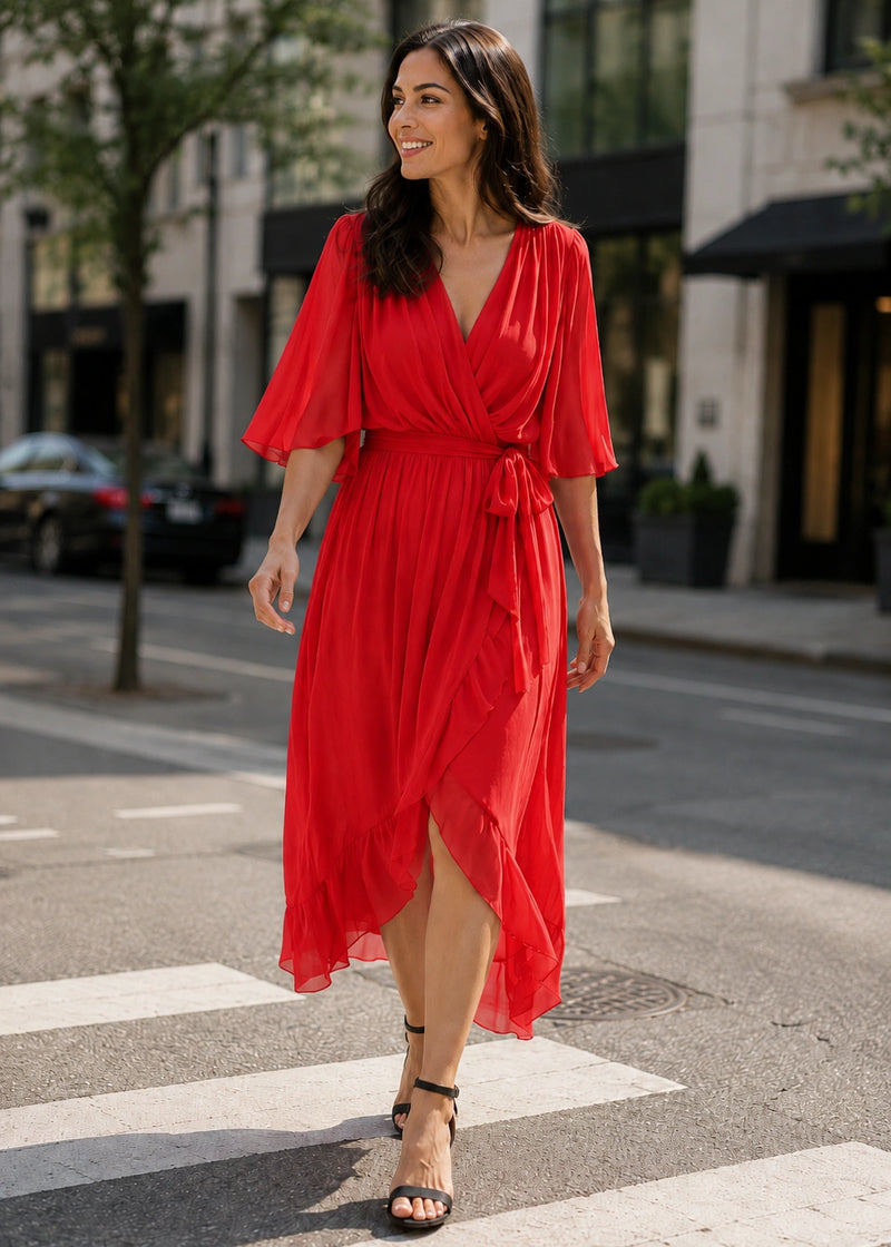 SALAZIA Flowy V-Neck Tie-Waist Midi Dresses