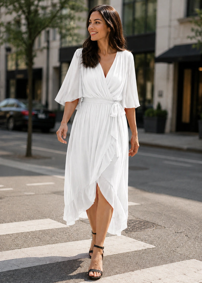 SALAZIA Flowy V-Neck Tie-Waist Midi Dresses