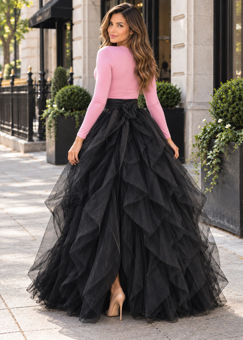 SALAZIA Gathered Tulle Asymmetrical Maxi Skirts