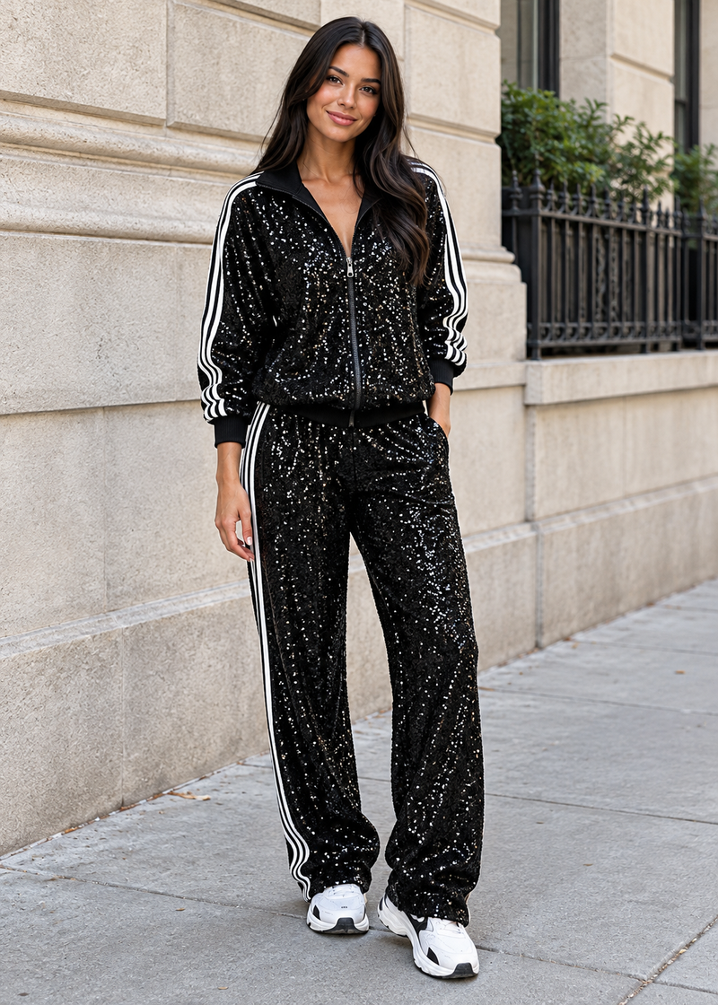 SALAZIA Glam Sequin Zip-Up Track Jacket and Wide-Leg Pants Two-Piece Sets