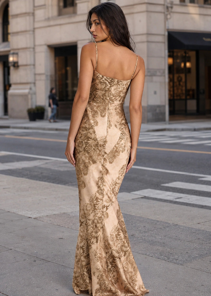 SALAZIA Gold Patterned Satin Maxi Dresses