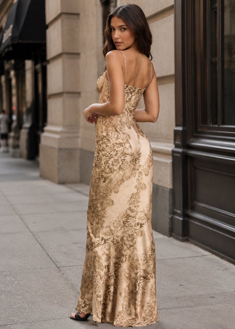 SALAZIA Gold Patterned Satin Maxi Dresses