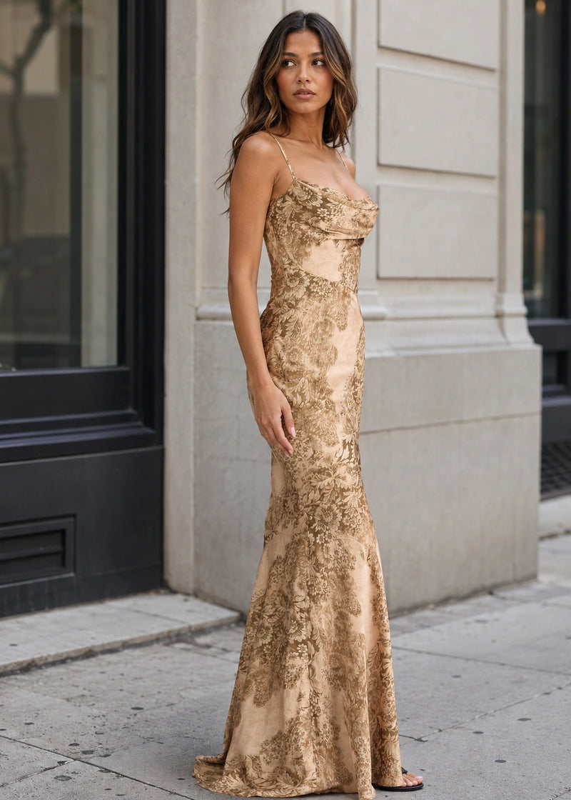SALAZIA Gold Patterned Satin Maxi Dresses