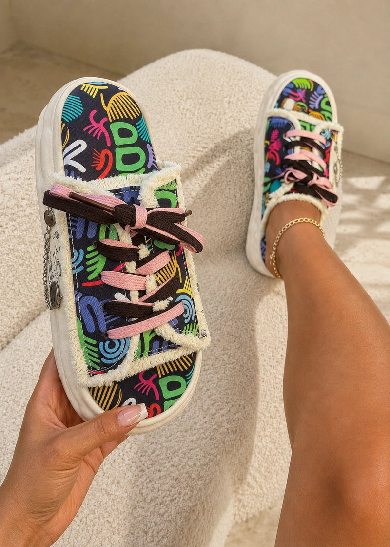 SALAZIA Graffiti Lace-Up Frayed Trim Slide Sandals