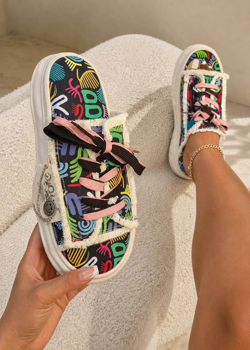 SALAZIA Graffiti Lace-Up Frayed Trim Slide Sandals