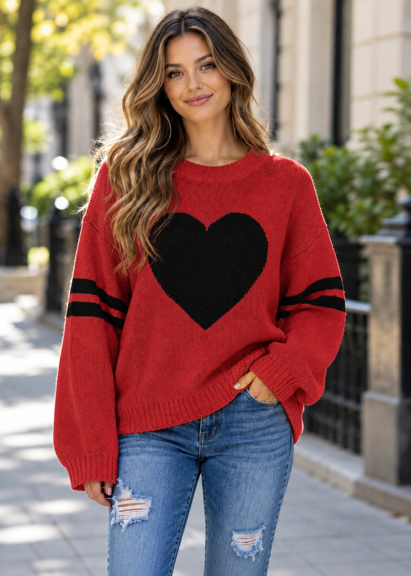 SALAZIA Heart Stripe Oversized Knit Sweaters