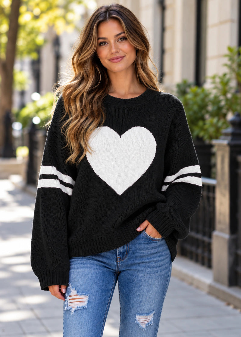 SALAZIA Heart Stripe Oversized Knit Sweaters