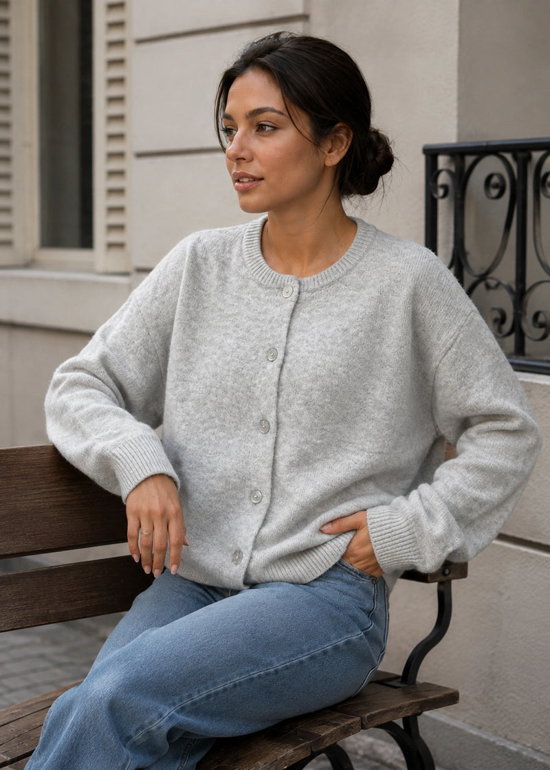 SALAZIA Heather Grey Crew Neck Button-Front Knit Sweaters