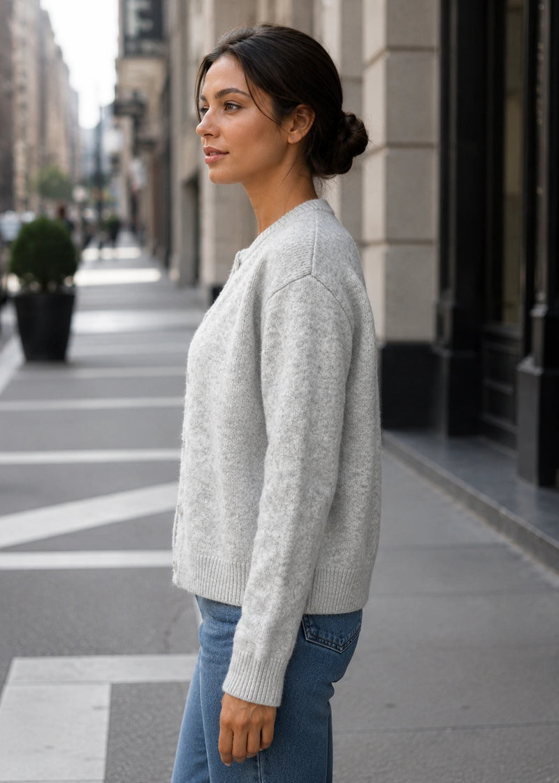 SALAZIA Heather Grey Crew Neck Button-Front Knit Sweaters