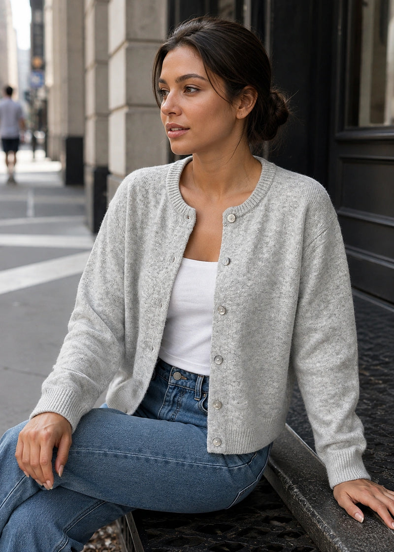 SALAZIA Heather Grey Crew Neck Button-Front Knit Sweaters