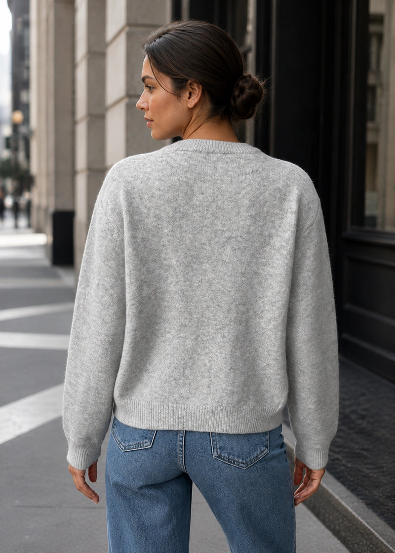 SALAZIA Heather Grey Crew Neck Button-Front Knit Sweaters