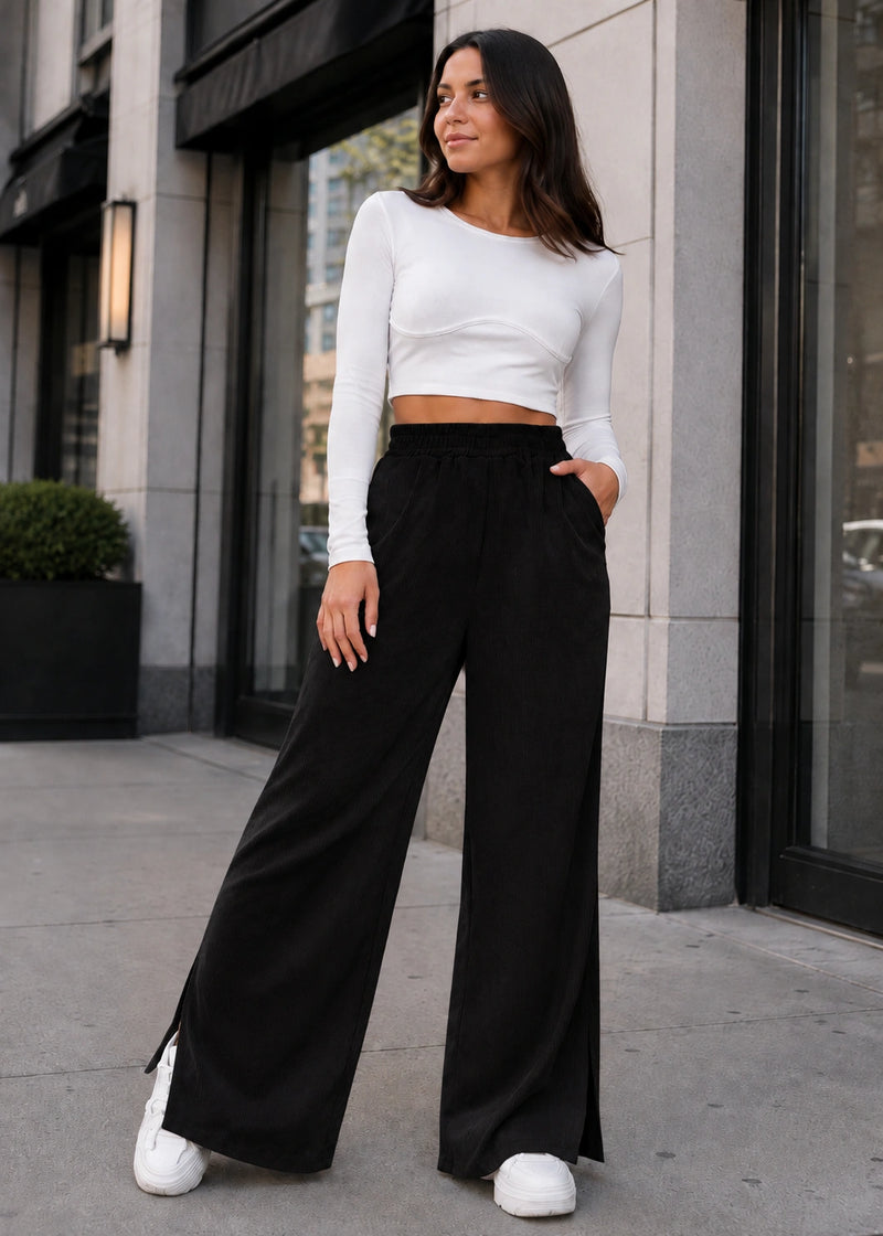 SALAZIA High-Waist Corduroy Split Hem Straight-Leg Pants