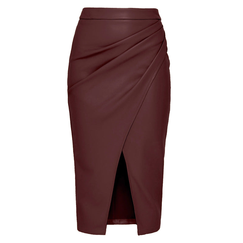 SALAZIA High-Waisted Draped Slit Faux Leather Midi Skirts