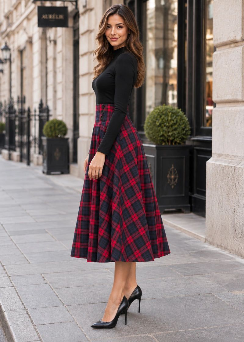 SALAZIA High-Waisted Plaid Button A-Line Midi Skirts