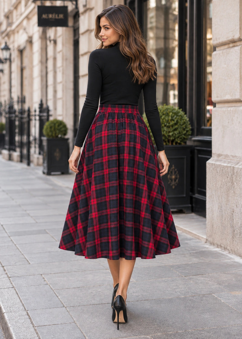 SALAZIA High-Waisted Plaid Button A-Line Midi Skirts