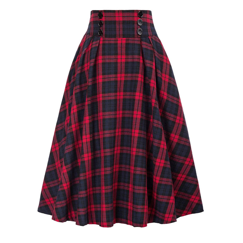 SALAZIA High-Waisted Plaid Button A-Line Midi Skirts