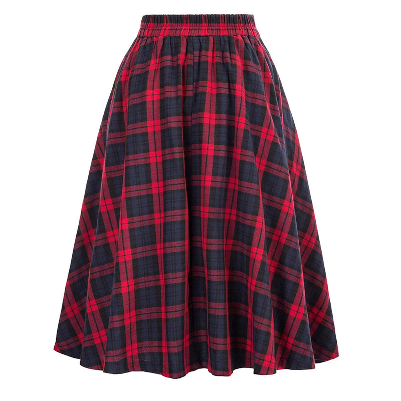 SALAZIA High-Waisted Plaid Button A-Line Midi Skirts
