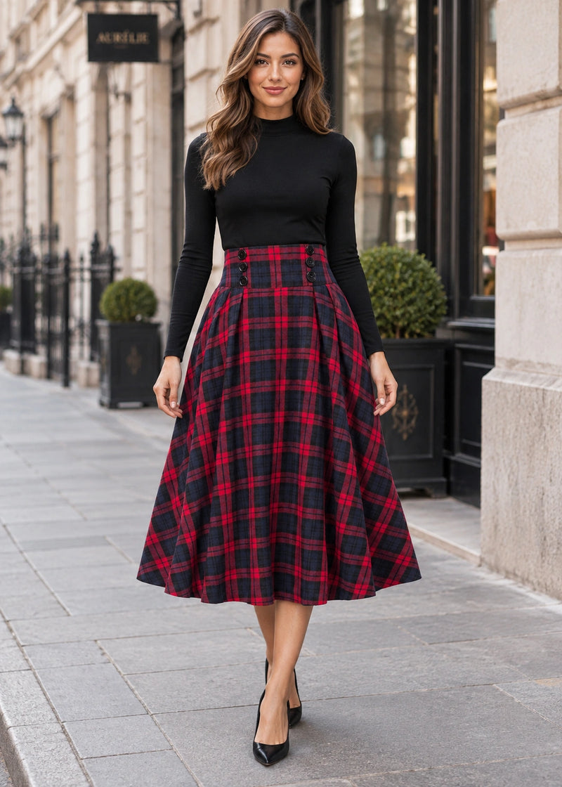 SALAZIA High-Waisted Plaid Button A-Line Midi Skirts
