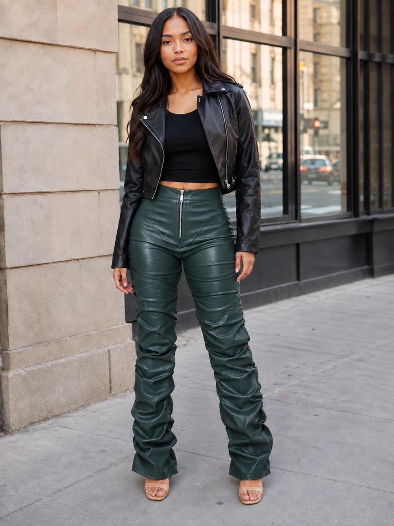 SALAZIA High Waist Ruched Faux Leather Flare Pants