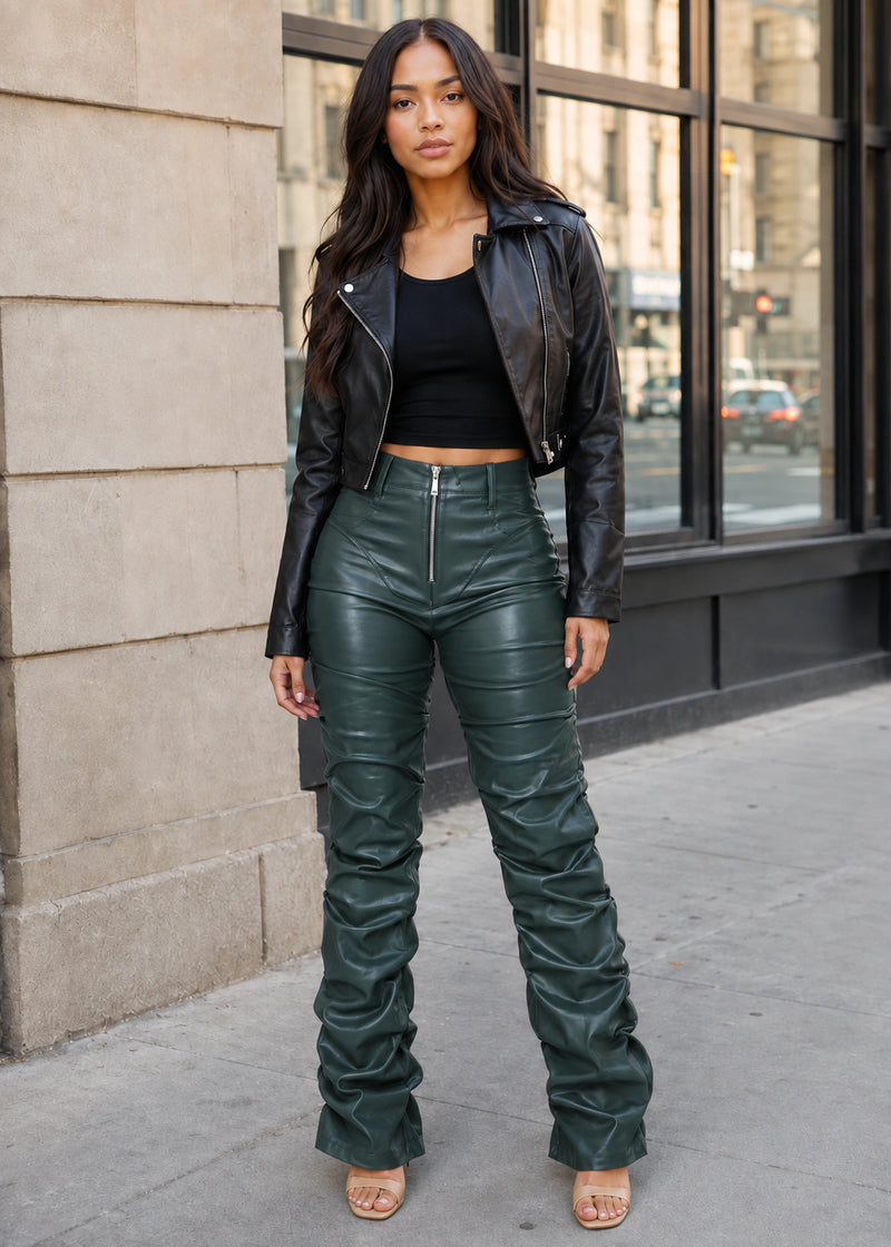 SALAZIA High Waist Ruched Faux Leather Flare Pants