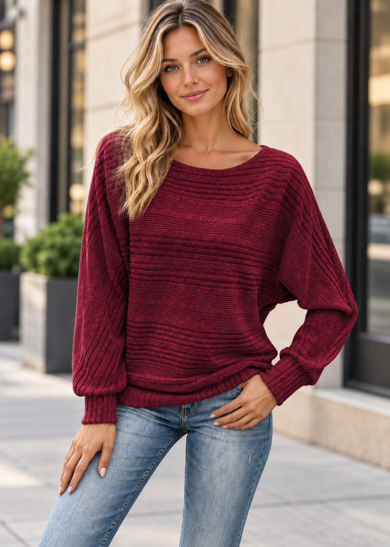 SALAZIA Irregular Ribbed Knit Batwing Sleeve Relaxed Crew Neck Pullover Sweater