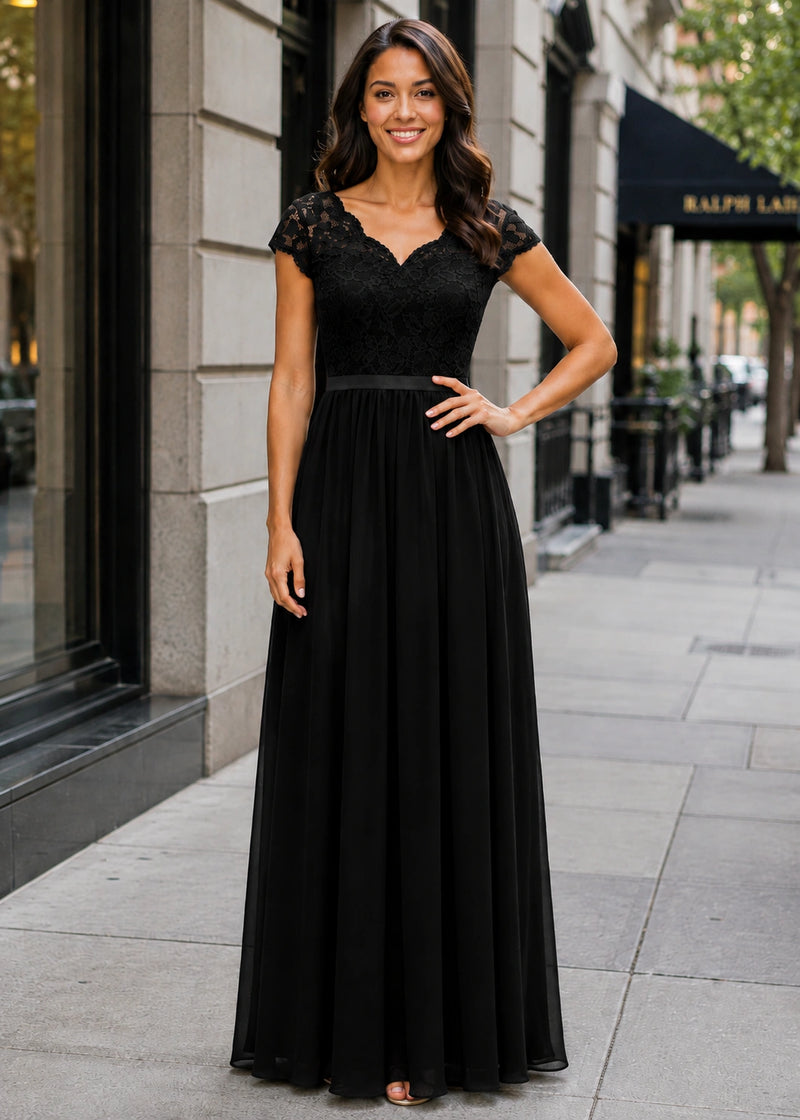 SALAZIA Lace-Panel Fitted-Waist Short-Sleeve Maxi Dresses