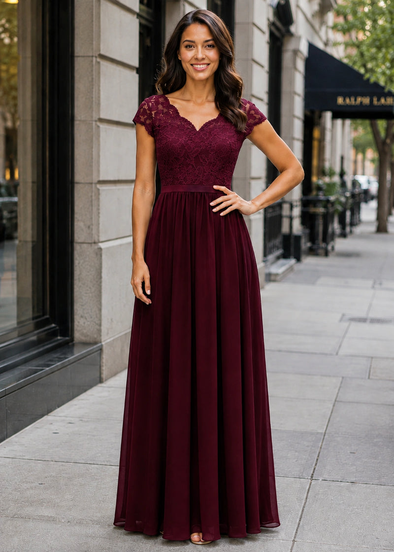 SALAZIA Lace-Panel Fitted-Waist Short-Sleeve Maxi Dresses