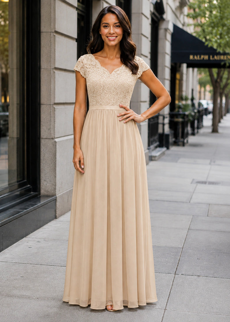 SALAZIA Lace-Panel Fitted-Waist Short-Sleeve Maxi Dresses