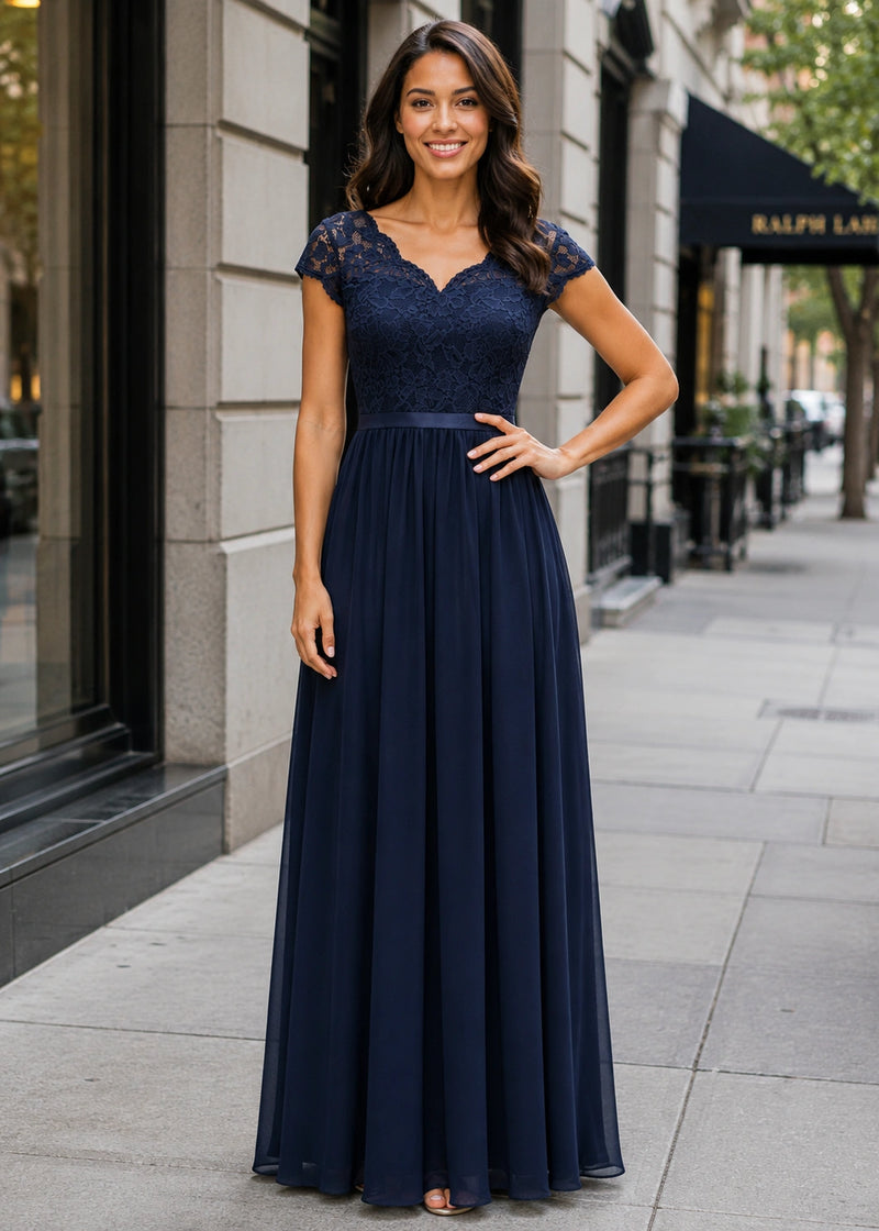 SALAZIA Lace-Panel Fitted-Waist Short-Sleeve Maxi Dresses