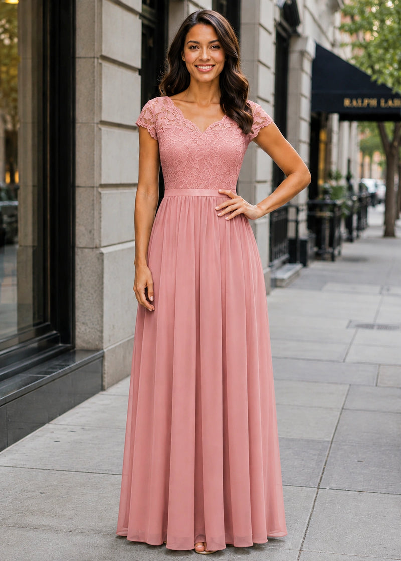 SALAZIA Lace-Panel Fitted-Waist Short-Sleeve Maxi Dresses