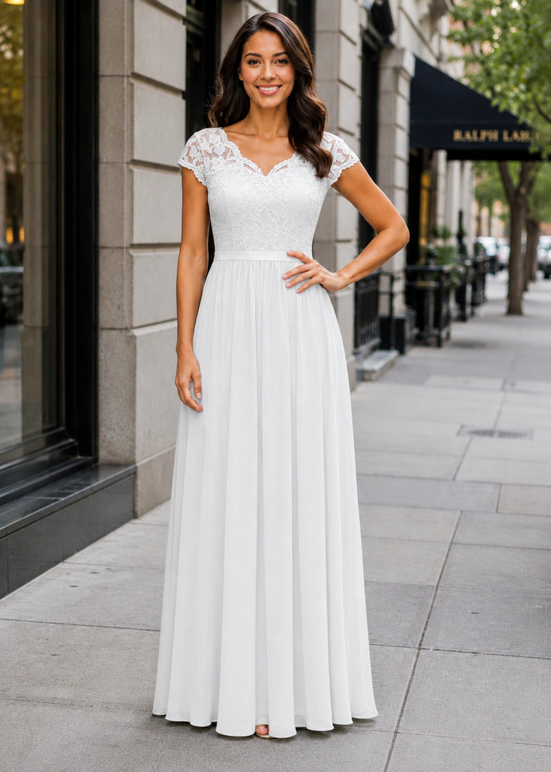 SALAZIA Lace-Panel Fitted-Waist Short-Sleeve Maxi Dresses
