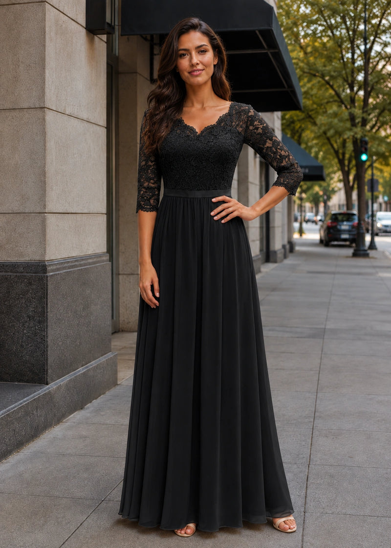 SALAZIA Lace-Panel Fitted-Waist Three-Quarter-Sleeve Maxi Dresses