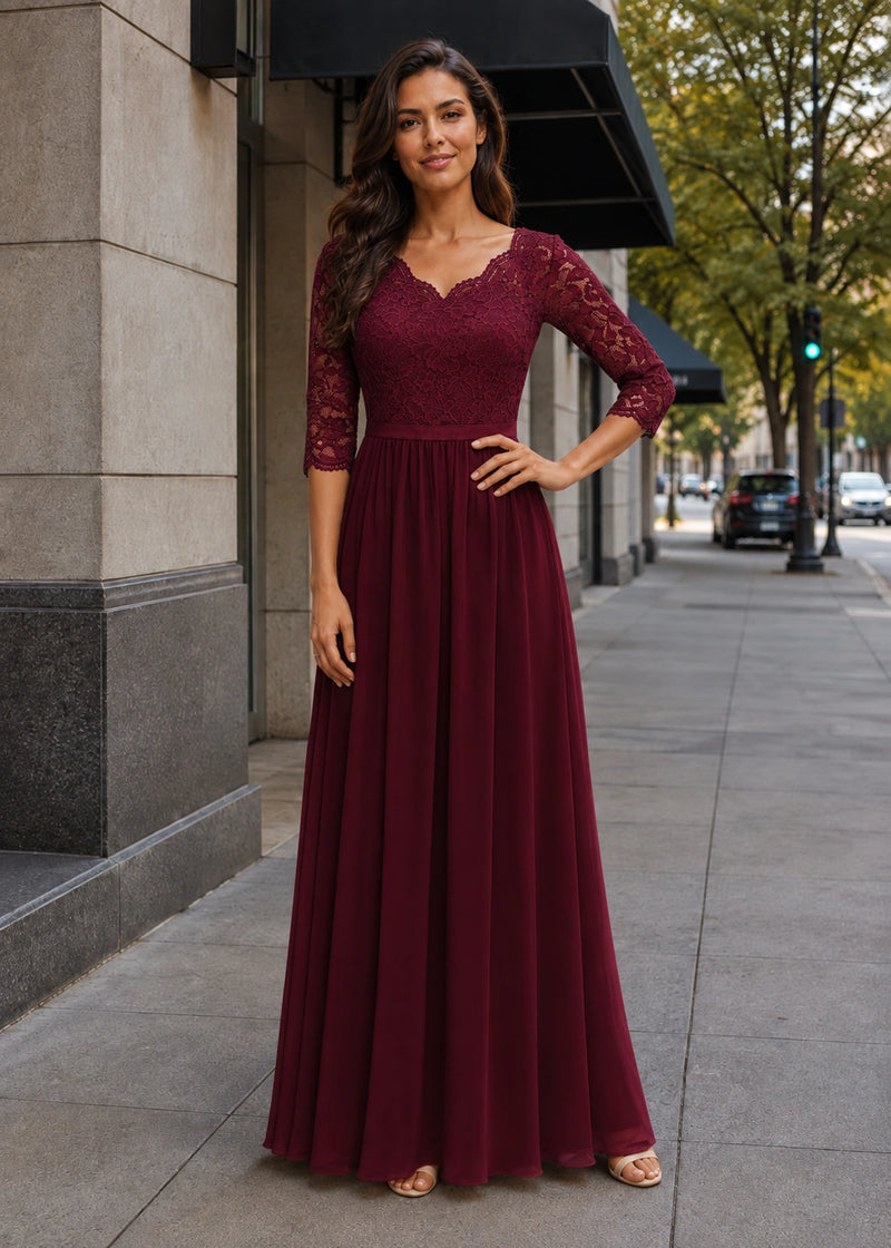 SALAZIA Lace-Panel Fitted-Waist Three-Quarter-Sleeve Maxi Dresses