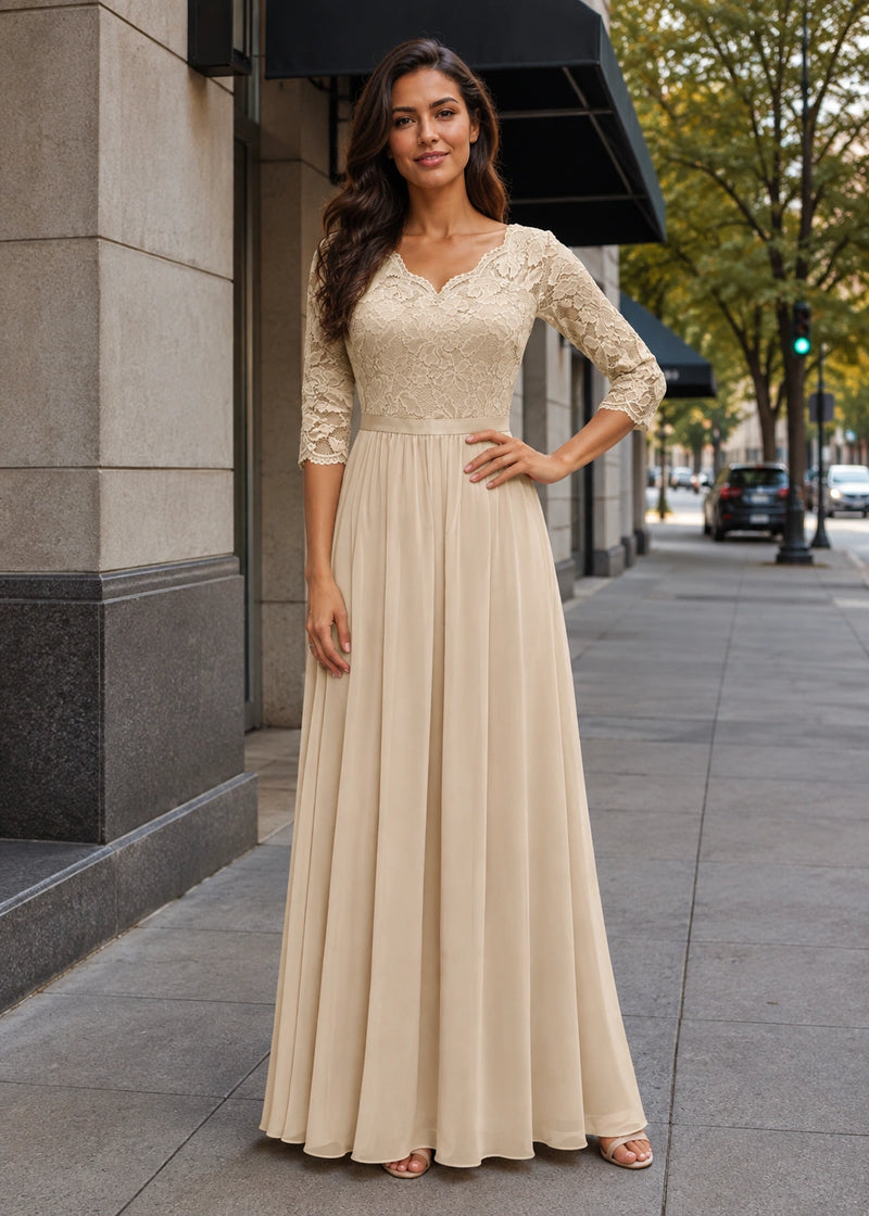 SALAZIA Lace-Panel Fitted-Waist Three-Quarter-Sleeve Maxi Dresses