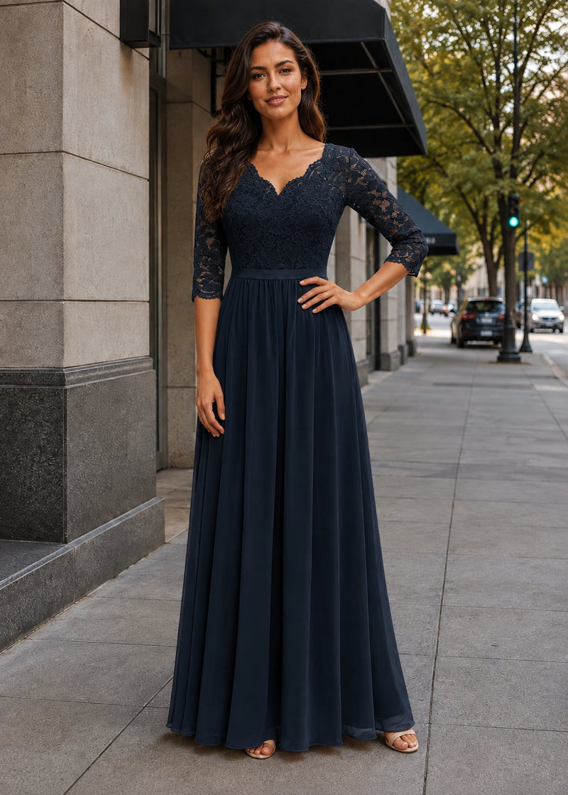 SALAZIA Lace-Panel Fitted-Waist Three-Quarter-Sleeve Maxi Dresses