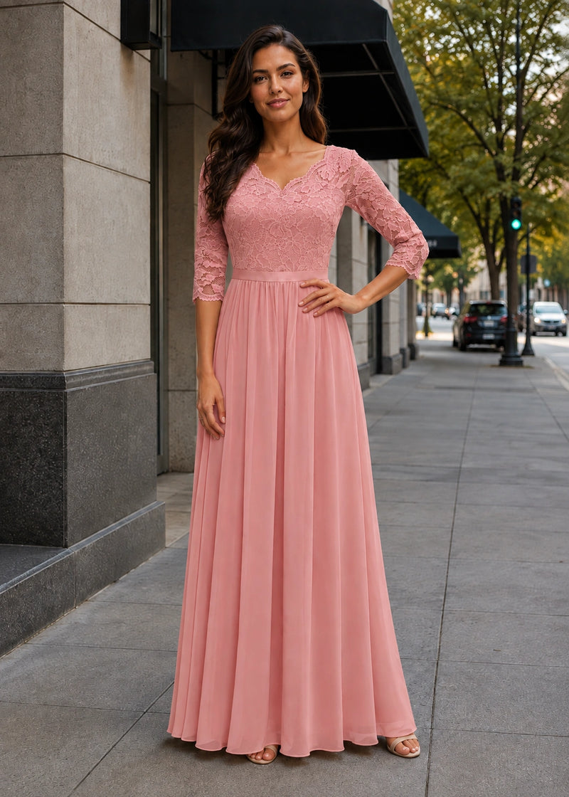 SALAZIA Lace-Panel Fitted-Waist Three-Quarter-Sleeve Maxi Dresses