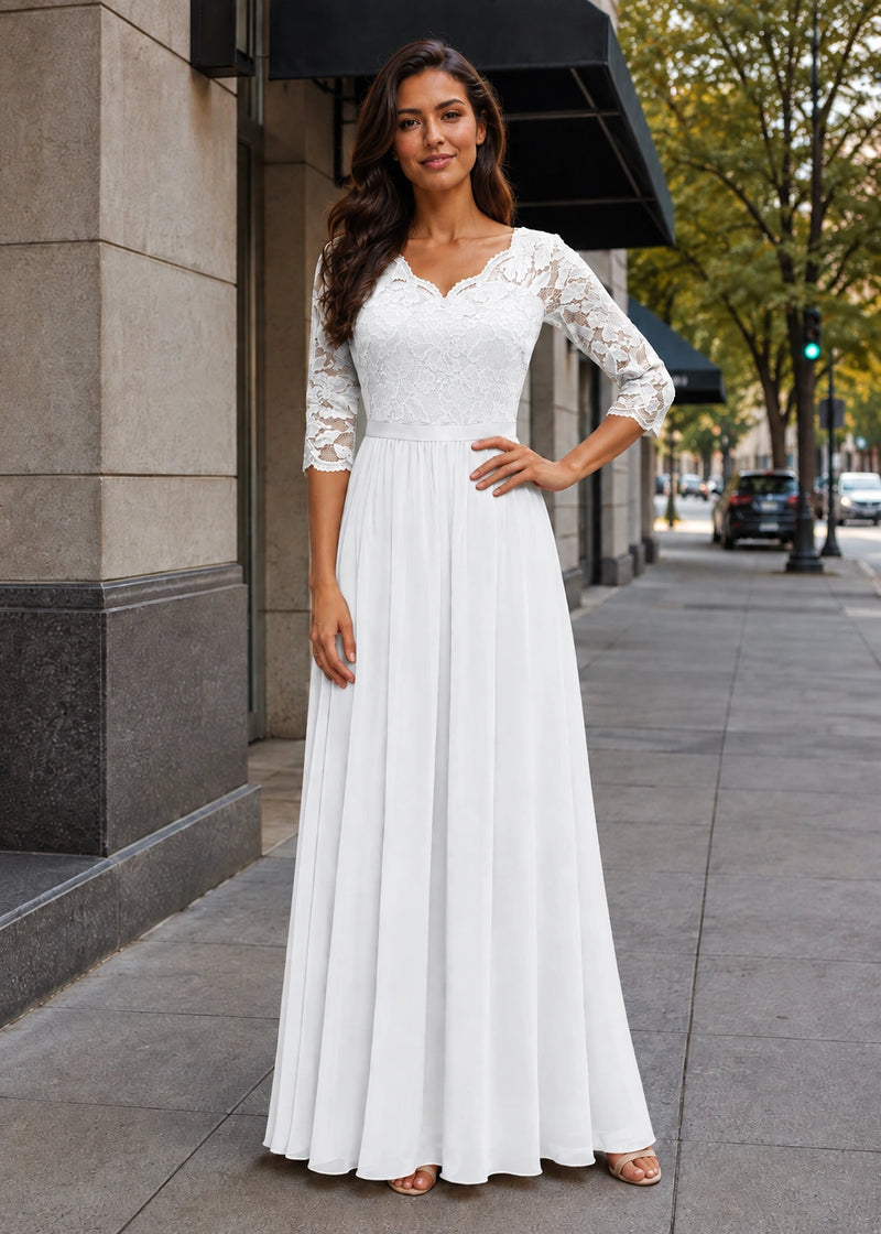 SALAZIA Lace-Panel Fitted-Waist Three-Quarter-Sleeve Maxi Dresses