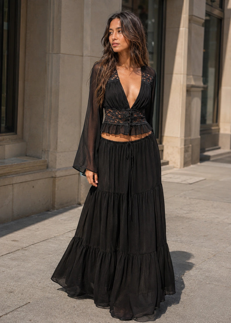 SALAZIA Lace-Trim Deep V Long-Sleeve Button-Front Crop Blouse & Tiered Maxi Skirt Sets