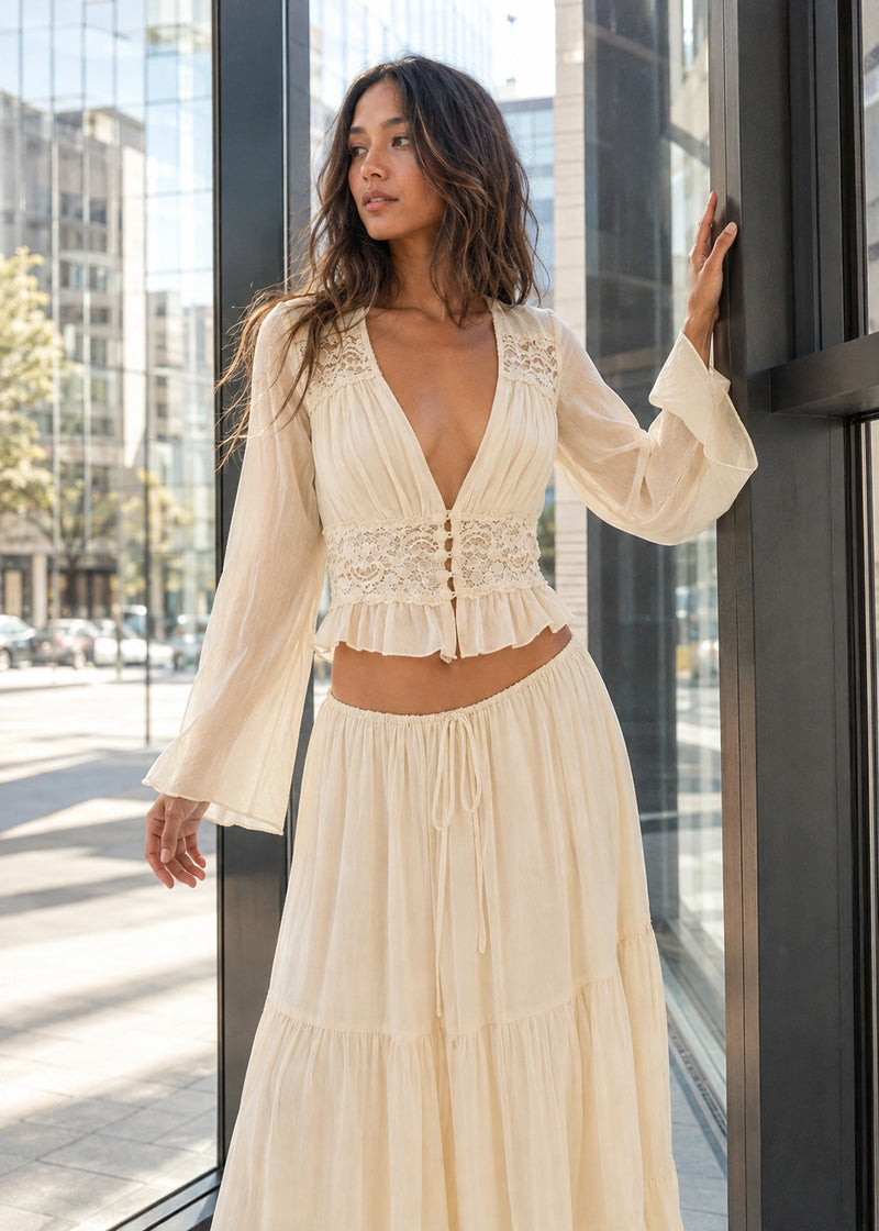 SALAZIA Lace-Trim Deep V Long-Sleeve Button-Front Crop Blouse & Tiered Maxi Skirt Sets