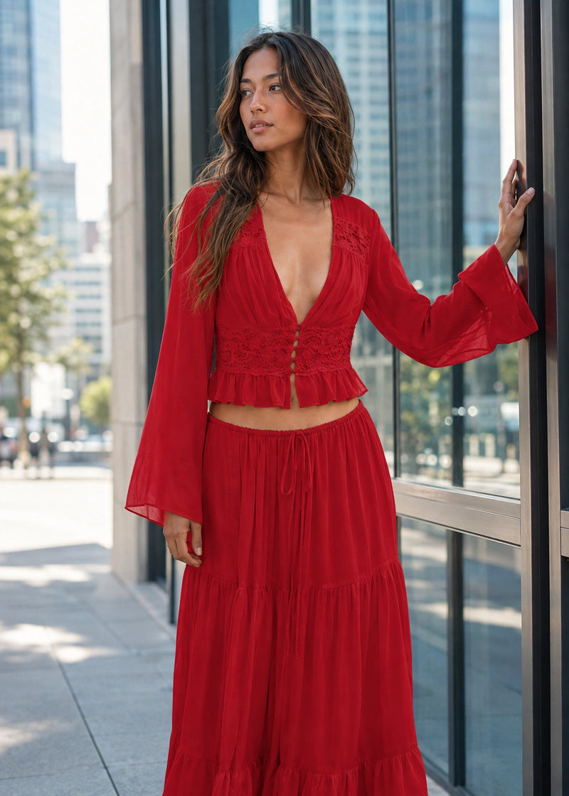 SALAZIA Lace-Trim Deep V Long-Sleeve Button-Front Crop Blouse & Tiered Maxi Skirt Sets