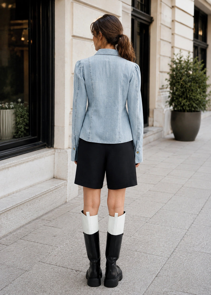 SALAZIA Lace-Up Front Fitted Long Sleeve Denim Shirts