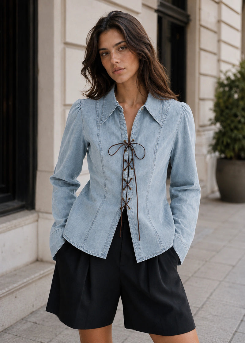 SALAZIA Lace-Up Front Fitted Long Sleeve Denim Shirts