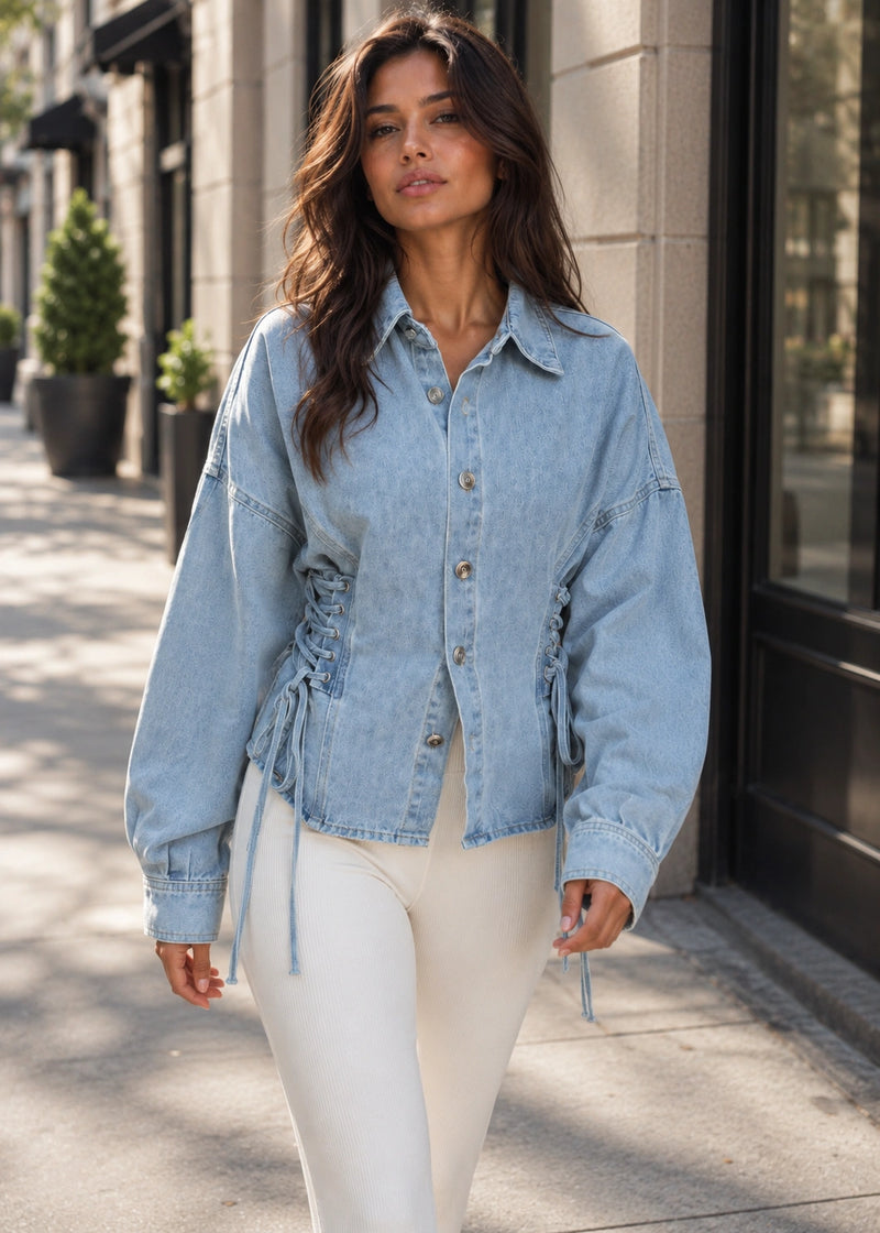 SALAZIA Lace-Up Waist Oversized Denim Shirts