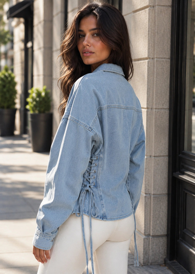 SALAZIA Lace-Up Waist Oversized Denim Shirts